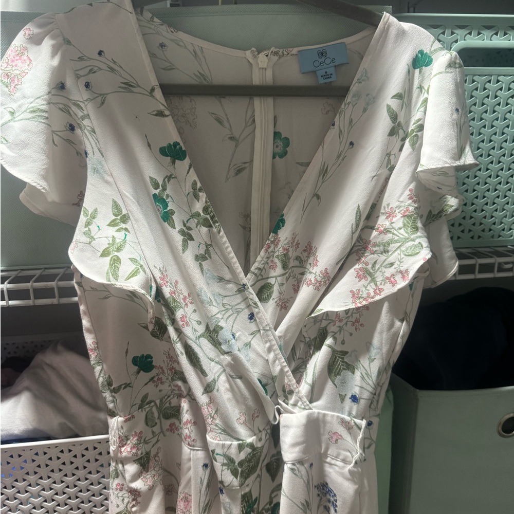 CeCe Floral Zip back one piece romper with pockets and waist tie